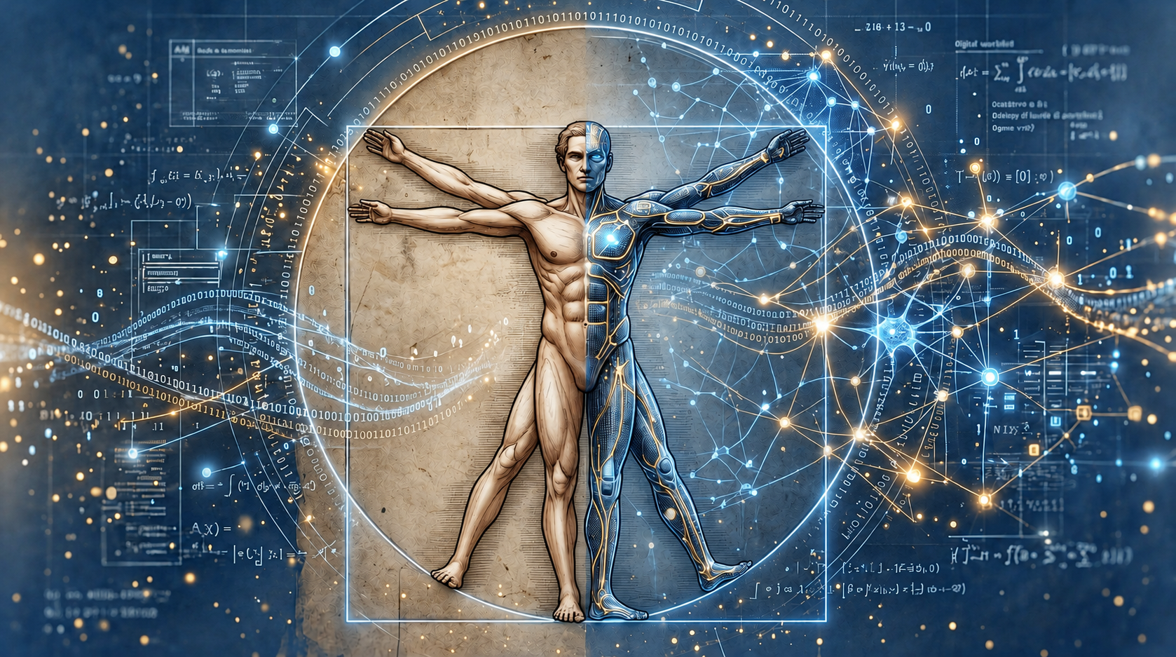 Vitruvian-inspired human and AI figure within connected network geometry