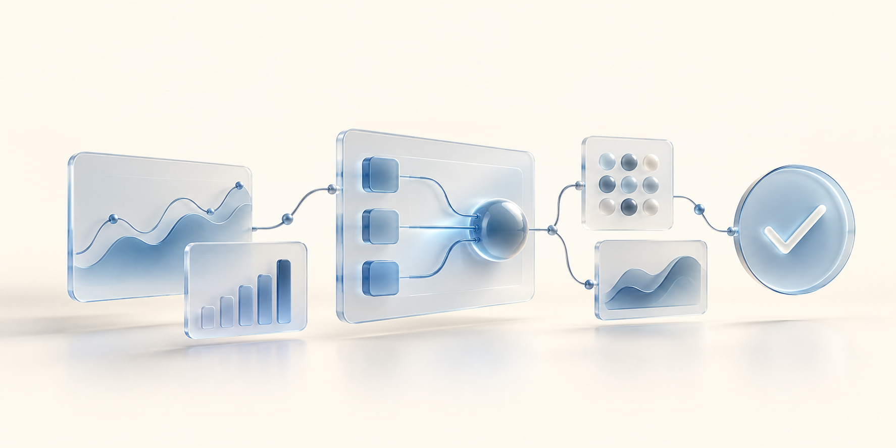 Illustration of connected AI workflow panels and a review checkpoint