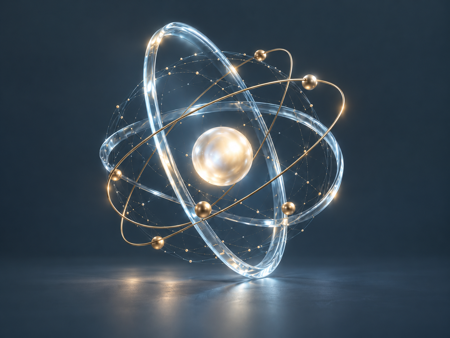 A sculptural glass atom with champagne orbit lines